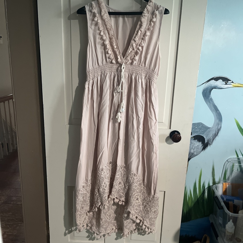 Boho Lacey Cottagecore Fairy Romantic High Low Maxi Dress Smocked Waist Blush XL